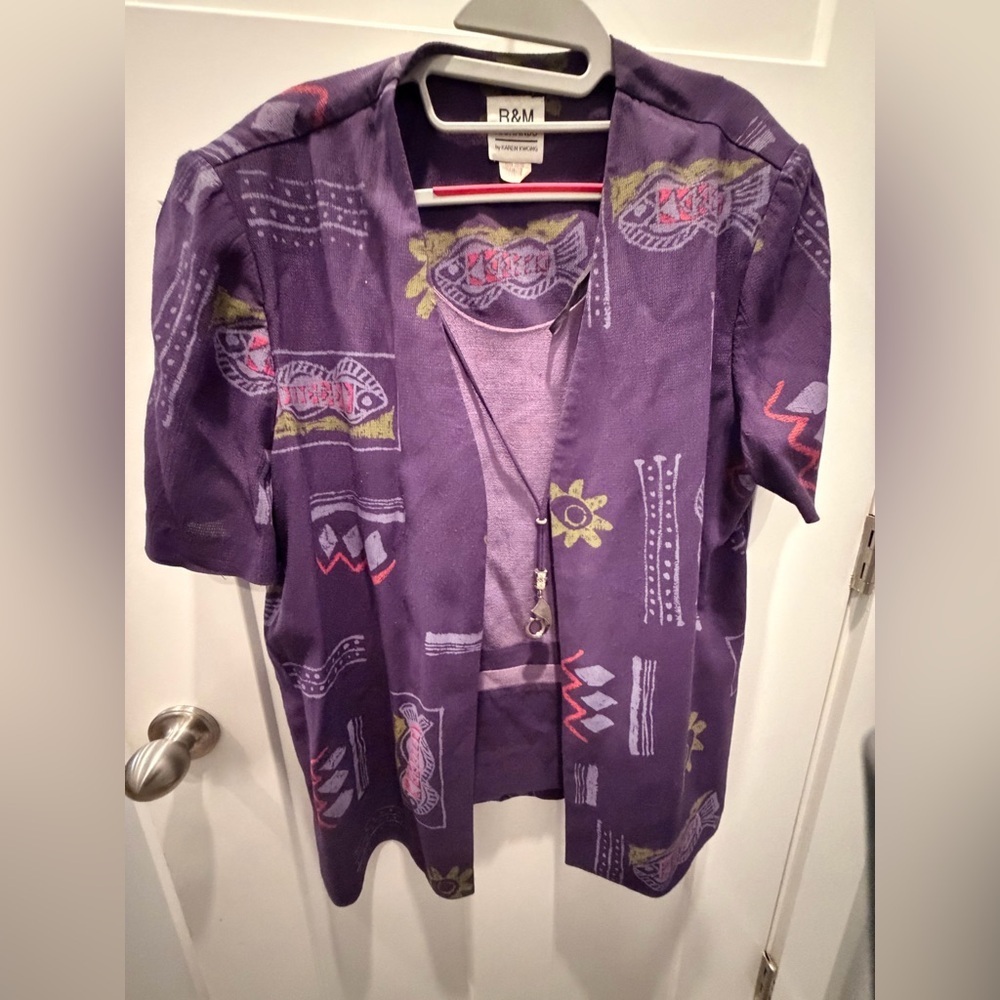 R&M Richards 16 Purple Layered Blouse Abstract Print Plus Size Top